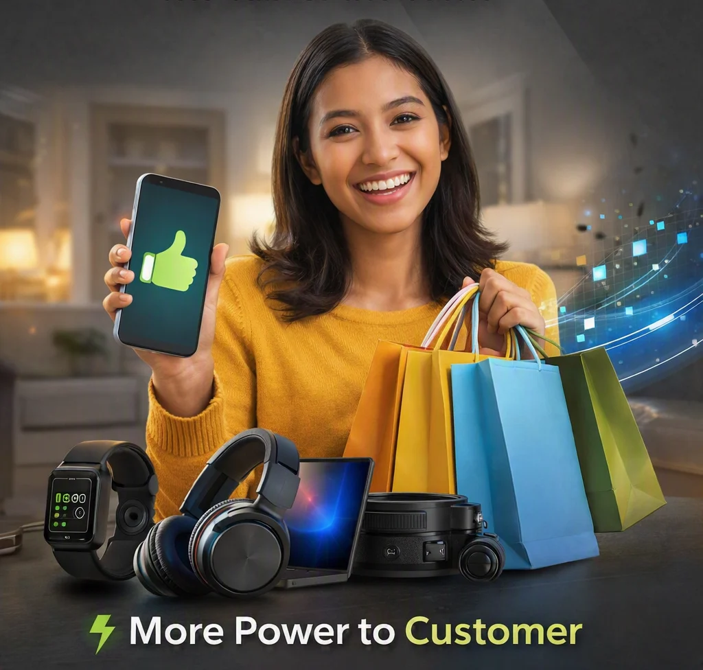 A happy customer with shopping bags and gadgets