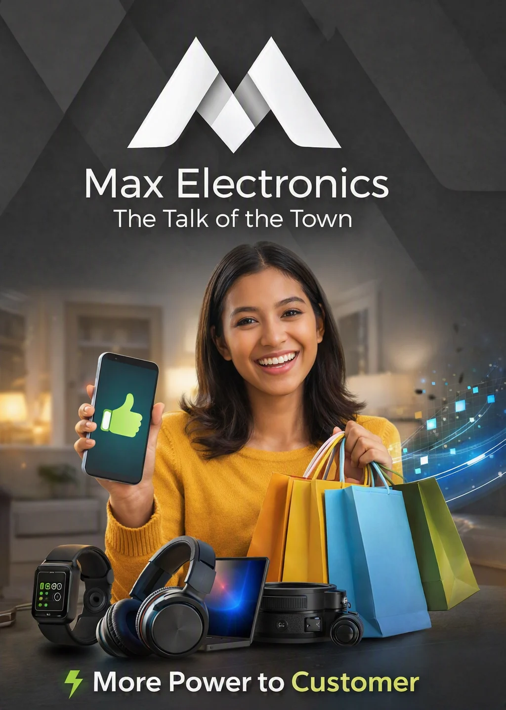 A smiling customer holding shopping bags and a phone with a thumbs-up, surrounded by a smart watch, headphones, a laptop and a camera, under the Max Electronics logo and the words More Power to Customer