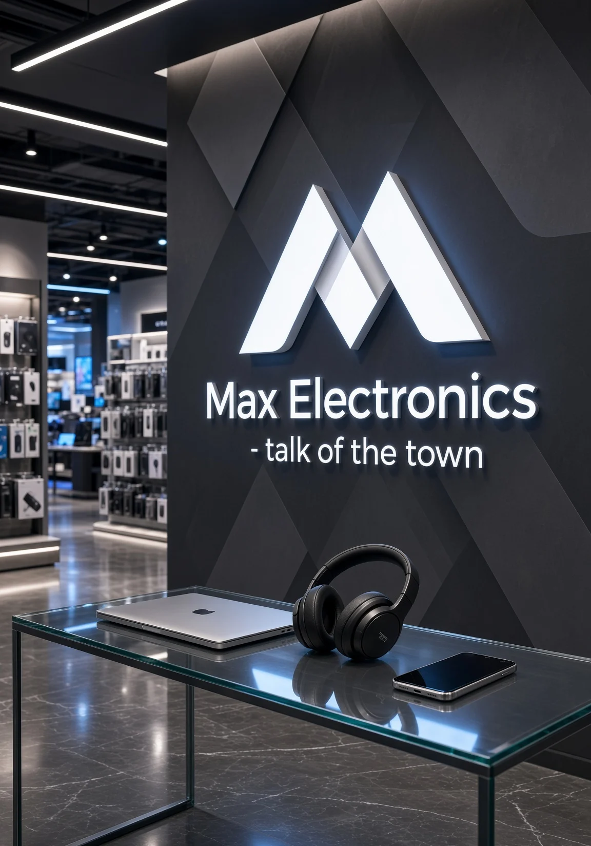 The Max Electronics brand wall: the glowing M above a glass table with a laptop, headphones and a phone